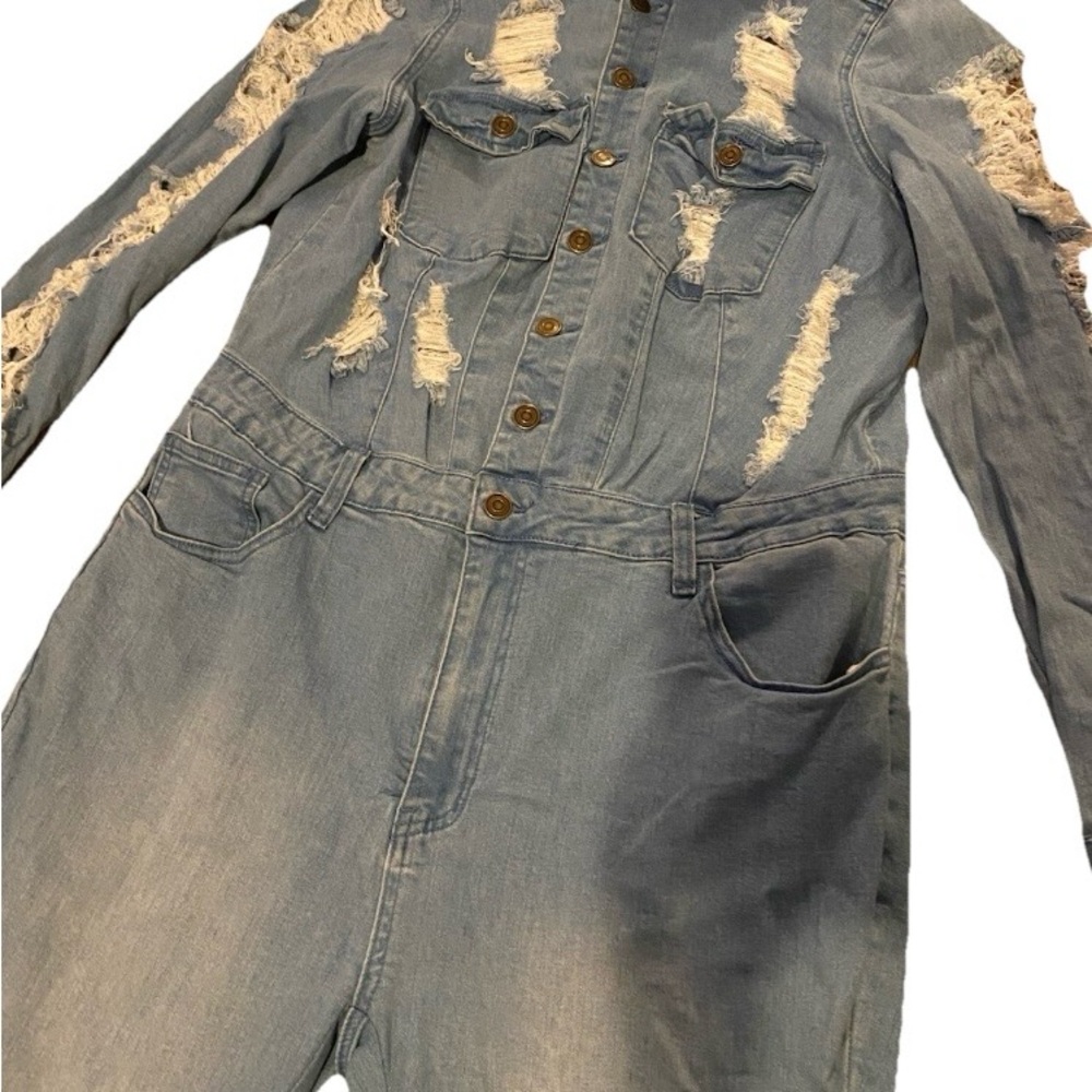 Fashion Nova Distressed Denim Jumpsuit